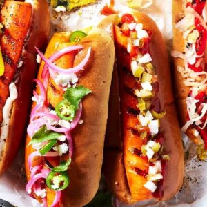 Aloo Paneer Hot-Dog with potato and paneer filling, sauces, and soft bun