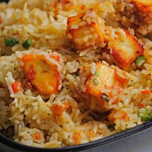 Paneer fried rice with vegetables stir fry Indo Chinese paneer rice dish Fried rice with paneer cubes and sauces Street style paneer fried rice