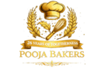 Pooja Bakers logo with golden chef hat, whisk and wheat emblem celebrating 26 years of togetherness